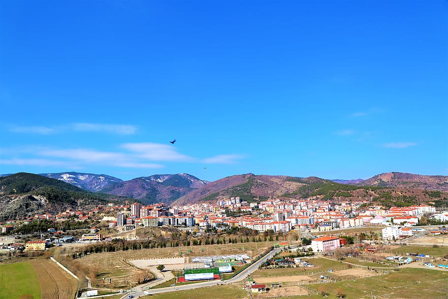 city, buildings, mountains, snow, forest, district, sky, kızılcahamam, HD wallpaper