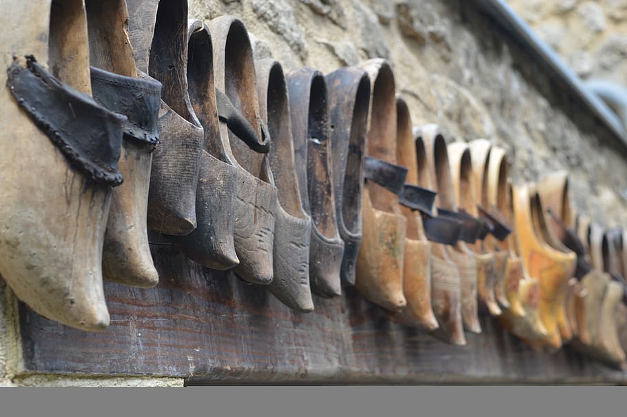 france, collection, wall, clogs, shoe, no people, metal, wood - material HD wallpaper