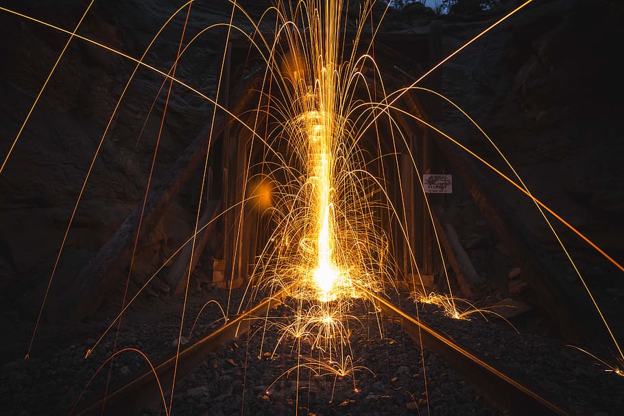 fireworks on railtrack, billings, united states, spark, low light HD wallpaper