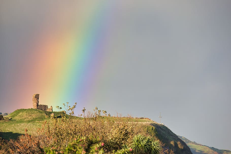 castle, rainbow, ruin, burgruine, northern ireland, coast, sky, HD wallpaper