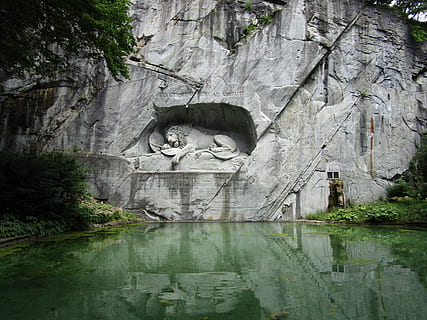 Gray Lion Statue Beside Green Lake, architecture, beautiful, carved HD wallpaper