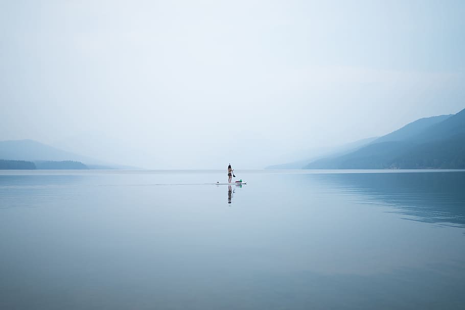 photo of person on calm body of water, mist, fog, cloud, lake HD wallpaper