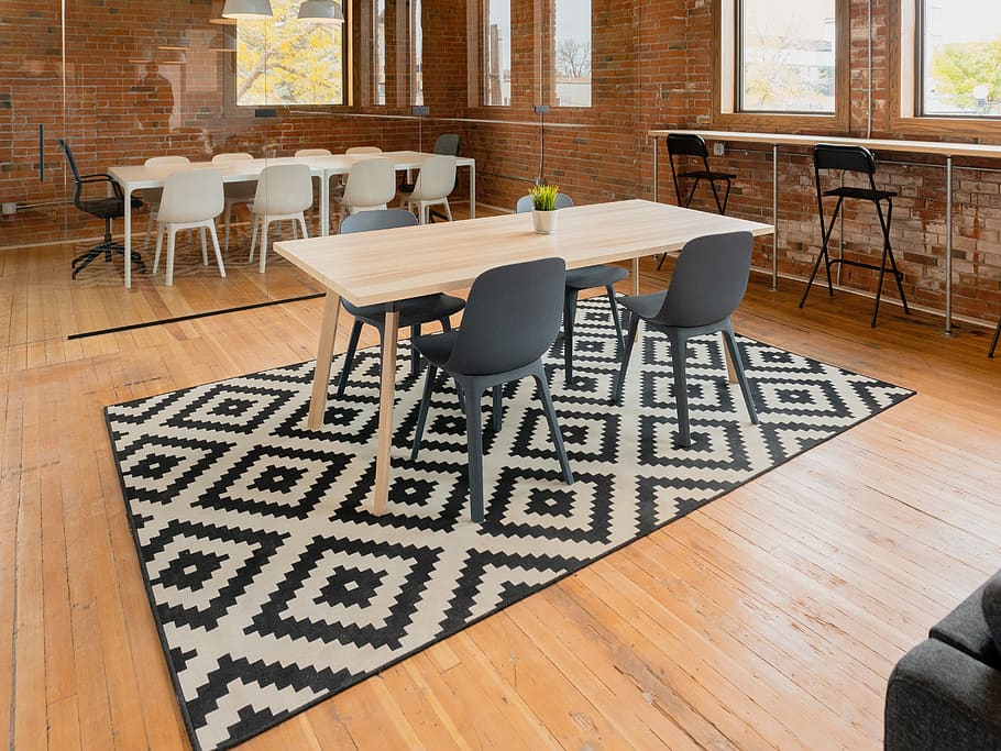 rectangular beige wooden table with four gray chairs, furniture HD wallpaper