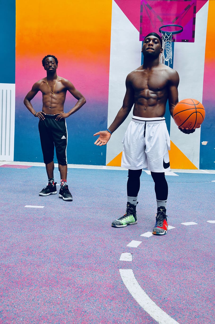 two men standing near basketball hoop, shoe, footwear, clothing, HD wallpaper