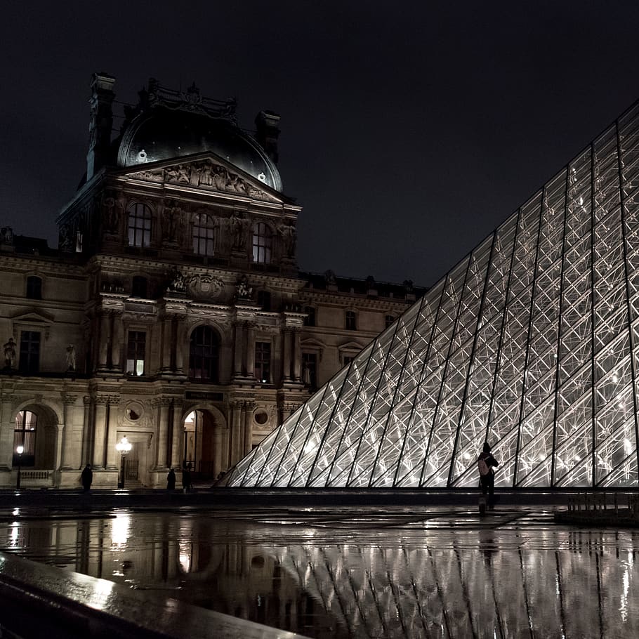 france, paris, musée du louvre, night, pyramid, light, museum, HD wallpaper