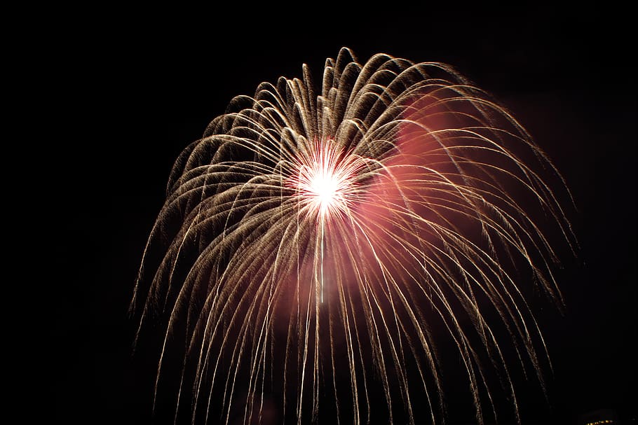 yellow and red fireworks, night, outdoors, atami, japan, bang HD wallpaper