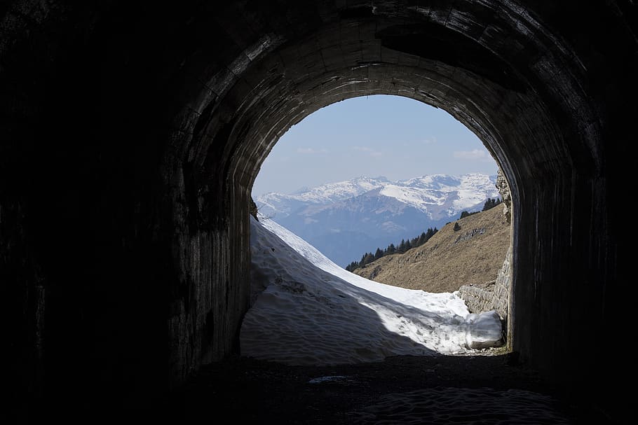 tunnel, snow, mountains, spring, perspective, view, outsight HD wallpaper