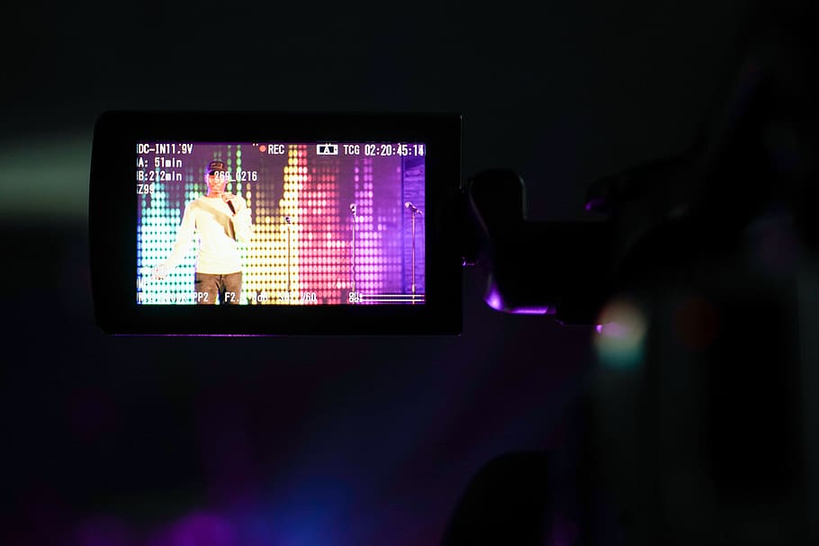 black video camera, screen, viewfinder, performance, performer HD wallpaper