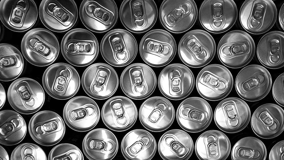 cans, drinks, beverage, pop tabs, black and white, drink can