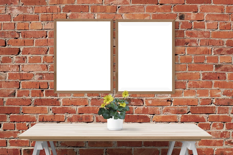 poster, frame, wall, desk, plants, brick, brick wall, wall - building feature HD wallpaper