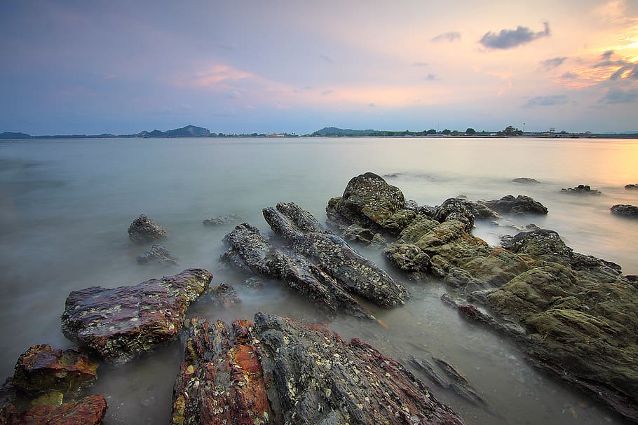 Wide Angle Photo of Body of Water Under Cloudy Sky, dawn, mountain HD wallpaper