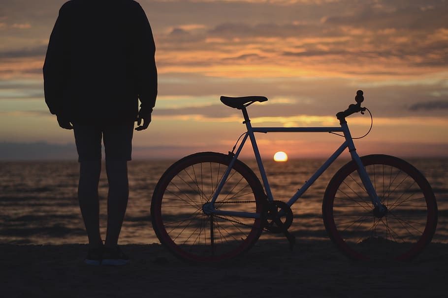 beach, bicycle, bike, ocean, outdoors, person, sea, silhouette