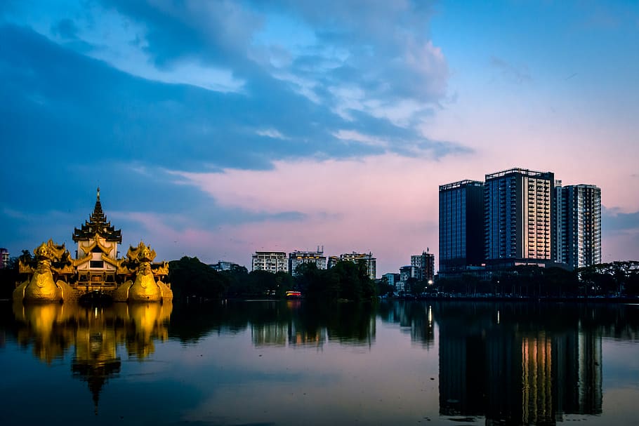 yangon, myanmar, lake, downtown, built structure, architecture, HD wallpaper