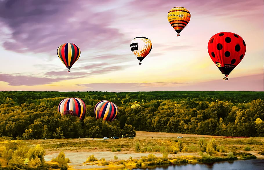 balloons, hot air, reflection, trees, rising, sky, colorful HD wallpaper