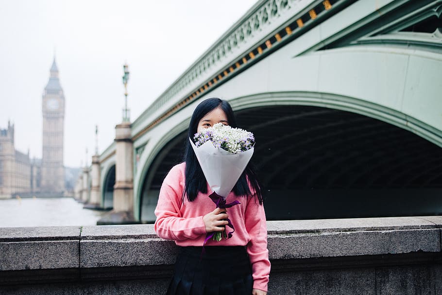Woman Standing on Bridge While Holding Bouquet, arches, architecture HD wallpaper