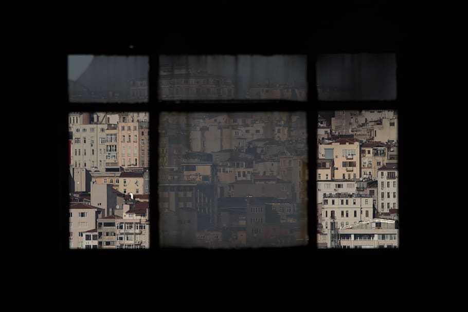 window overlooking houses, building, housing, furniture, diagram HD wallpaper