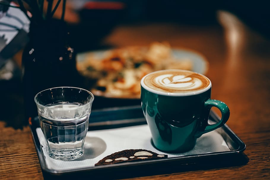 Cup Of Latte Beside Cup Of Water, beverage, caffeine, cappuccino HD wallpaper