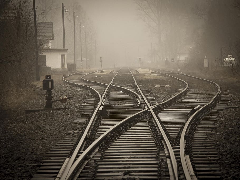 Railroad Tracks in City, black and white, dark, destination, fog