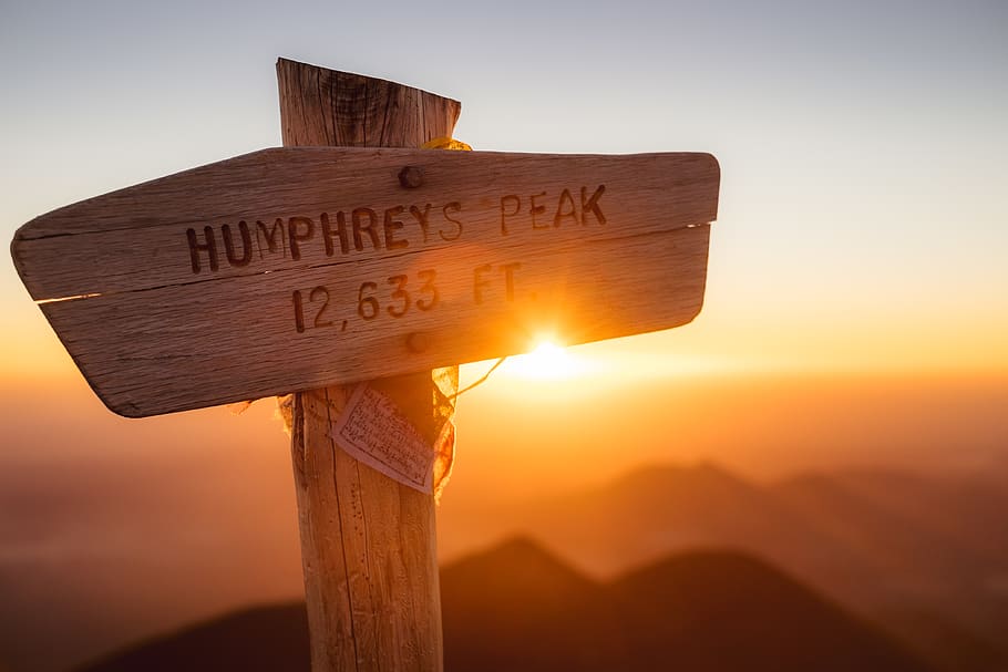 Humphreys Peak signage, sunset, guidance, text, sky, communication, HD wallpaper