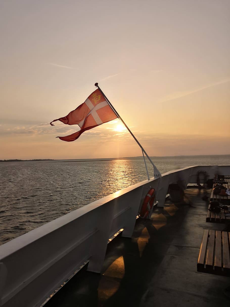 flag, sunset, denmark, sea, romance, ship, lake, sky, water HD wallpaper