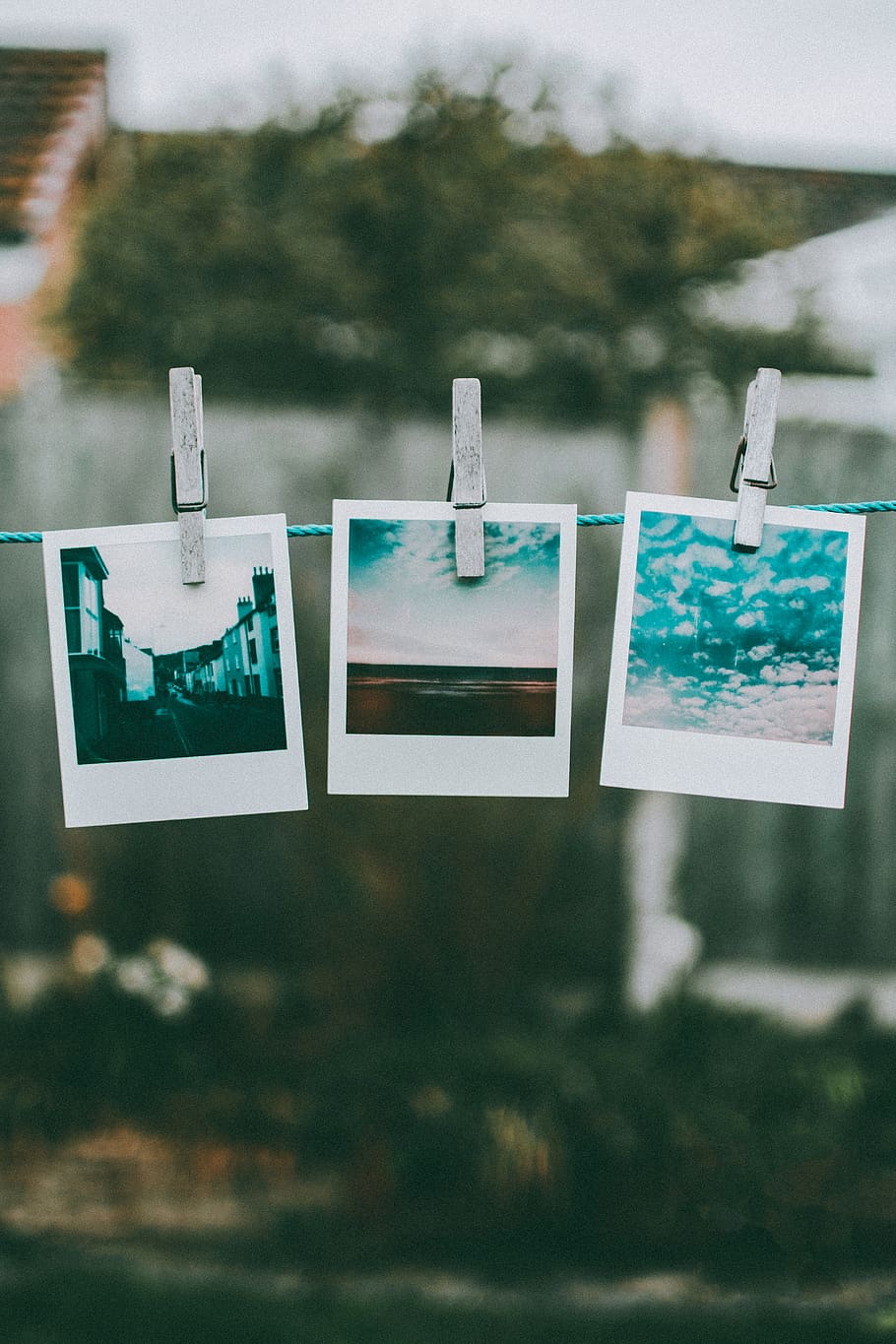 Three Photos Hanged Using Clothes Pin, blur, blurred background