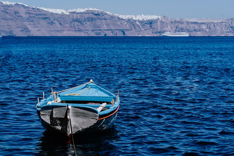 greece, santorini, blue, wallpaper, boat, ocean, oia, nautical vessel, HD wallpaper