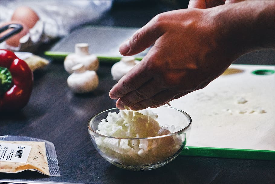 kitchen, cooking, onion, hands, cooking table, recipe, mushrooms HD wallpaper