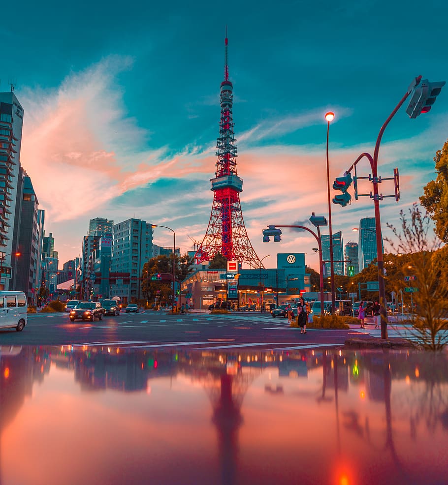 architectural photo of tower between buildings, japan, minato-ku, HD wallpaper