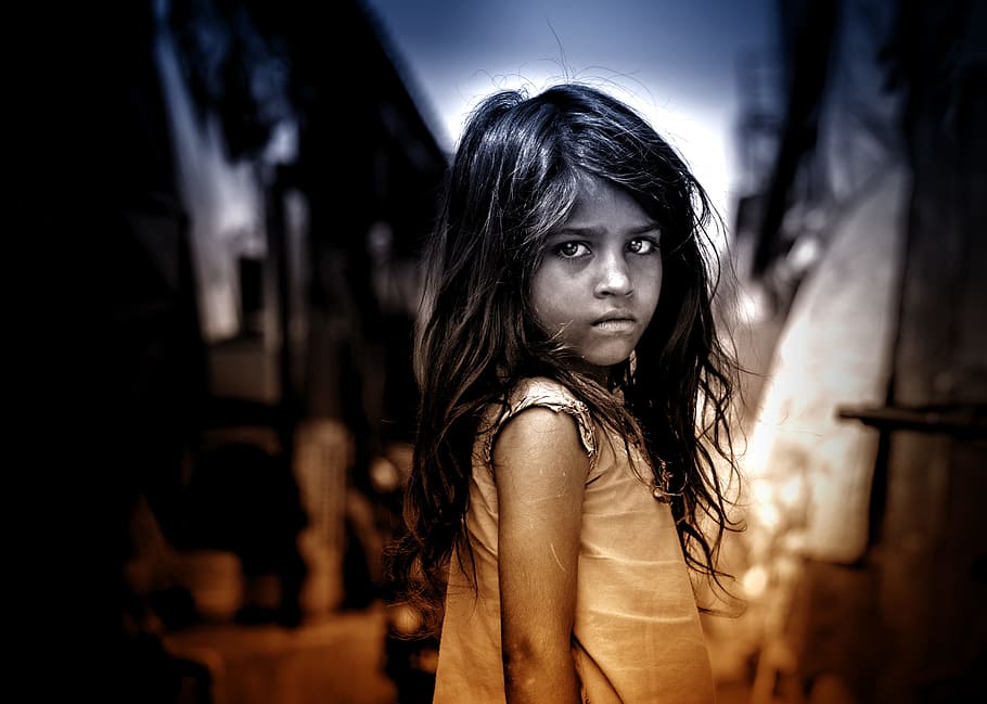 Little Girl with Sad Eyes, children, man, homeless, poor, refugee