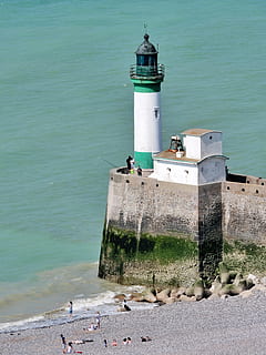 white and green lighthouse, beacon, tresport, normandy, france HD wallpaper