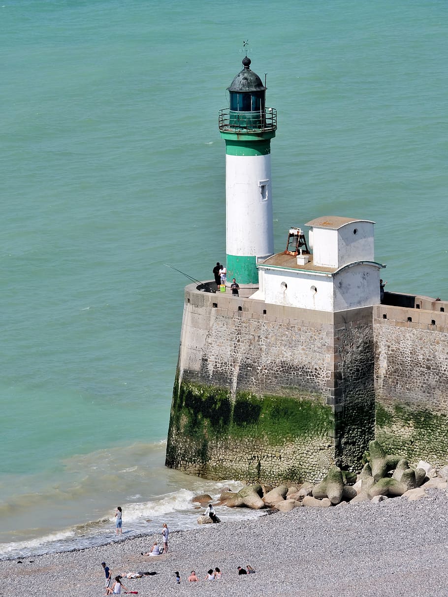 white and green lighthouse, beacon, tresport, normandy, france HD wallpaper