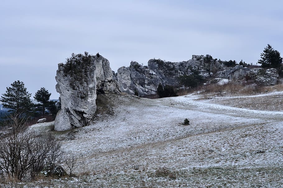 rocks, upland, winter, poland, mirsk, sky, beauty in nature, HD wallpaper