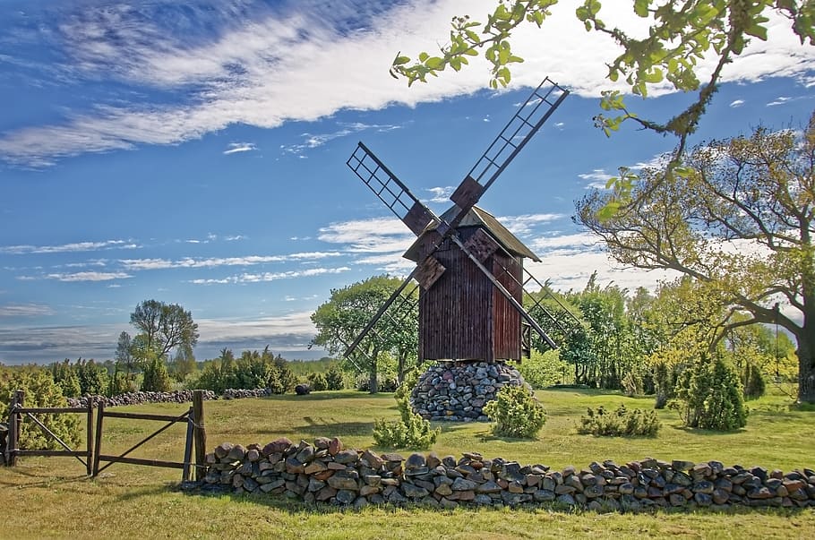 estonia, island of saaremaa, windmill, landscape, historically, HD wallpaper
