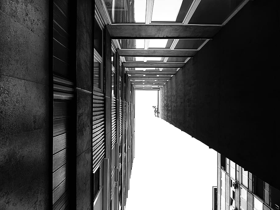Graysacle Photography of Low Angle High Rise Building, architecture HD wallpaper