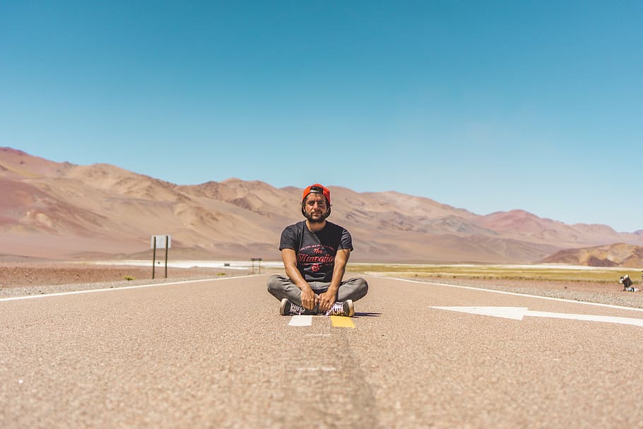 man sitting on road, person, soil, human, apparel, clothing, nature HD wallpaper