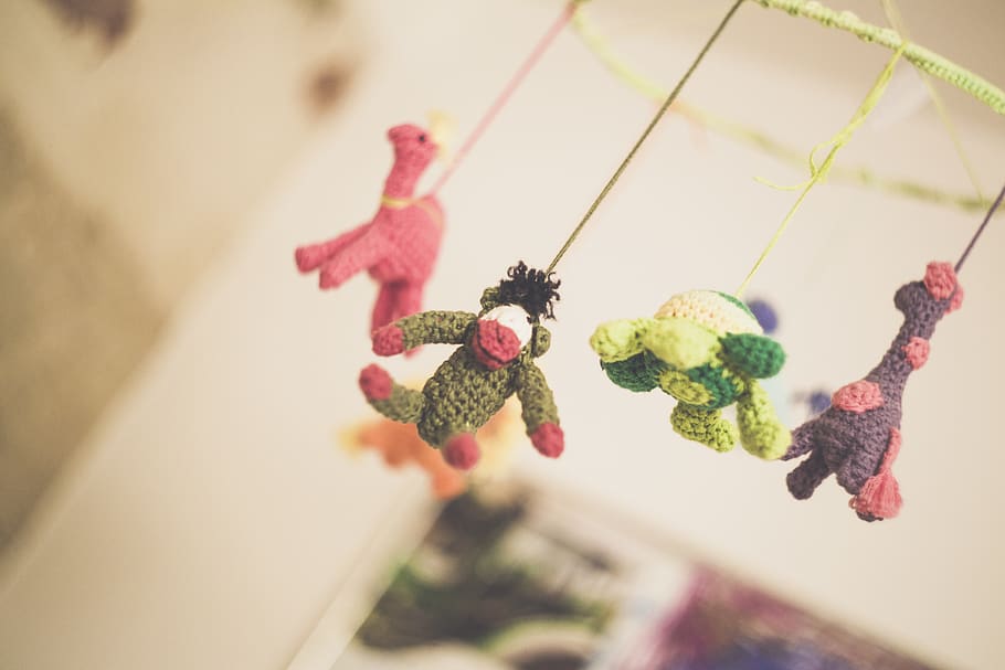 Baby's Knitted Mobile, animal, beautiful, blur, child, childhood, HD wallpaper