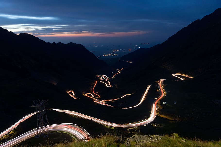 light photography of road near the mountain, long exposure, sunset HD wallpaper