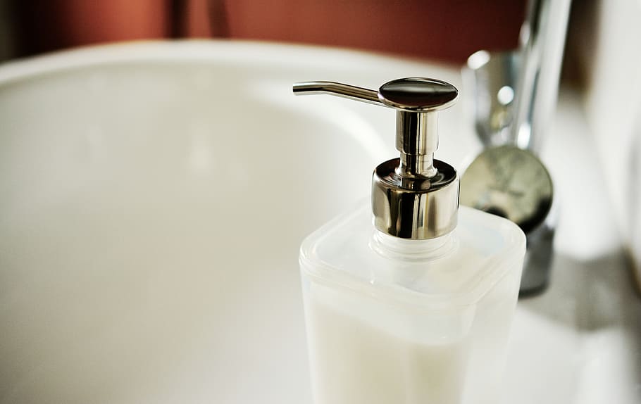 Plastic Pump Bottle on Sink, bathroom, clean, container, faucet HD wallpaper
