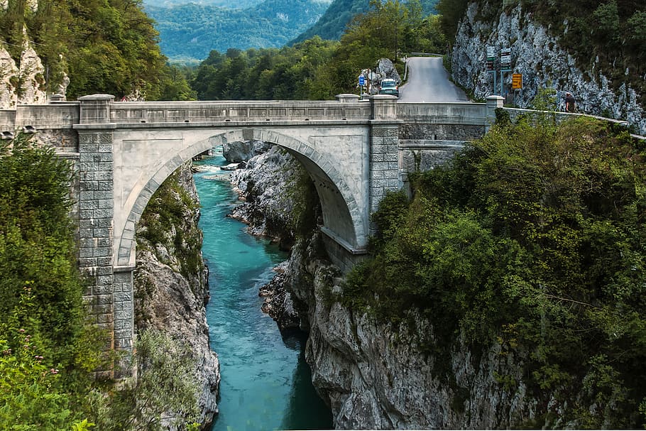 Concrete Bridge over Clear Blue River Beside Mountain, arch, architecture HD wallpaper