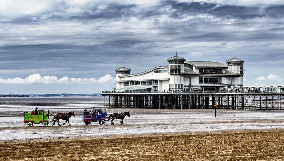 Horse Carts on Field Near White Building, beach, clouds, coast HD wallpaper