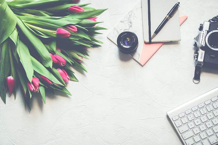 Pink Tulip Flower Bouquet Near Black Telephoto Lens and Silver Computer Keyboard HD wallpaper