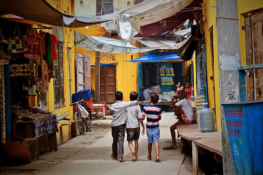 three boys walking between buildings at daytime, human, person, HD wallpaper
