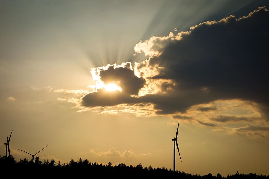 sky, clouds, sunbeam, mood, pinwheel, forest, landscape, nature HD wallpaper