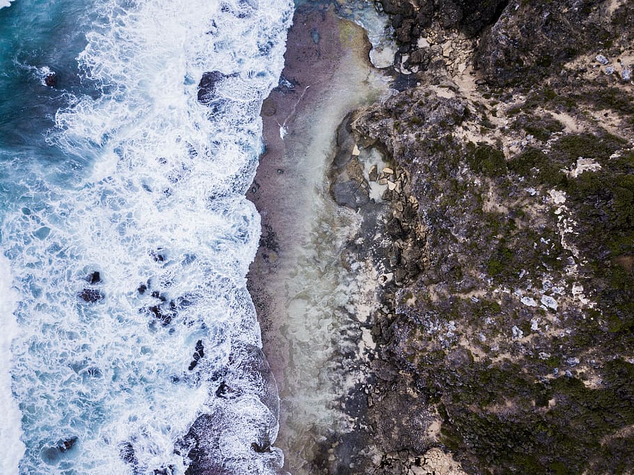 seashore mountain top view, water, beauty in nature, motion, rock HD wallpaper