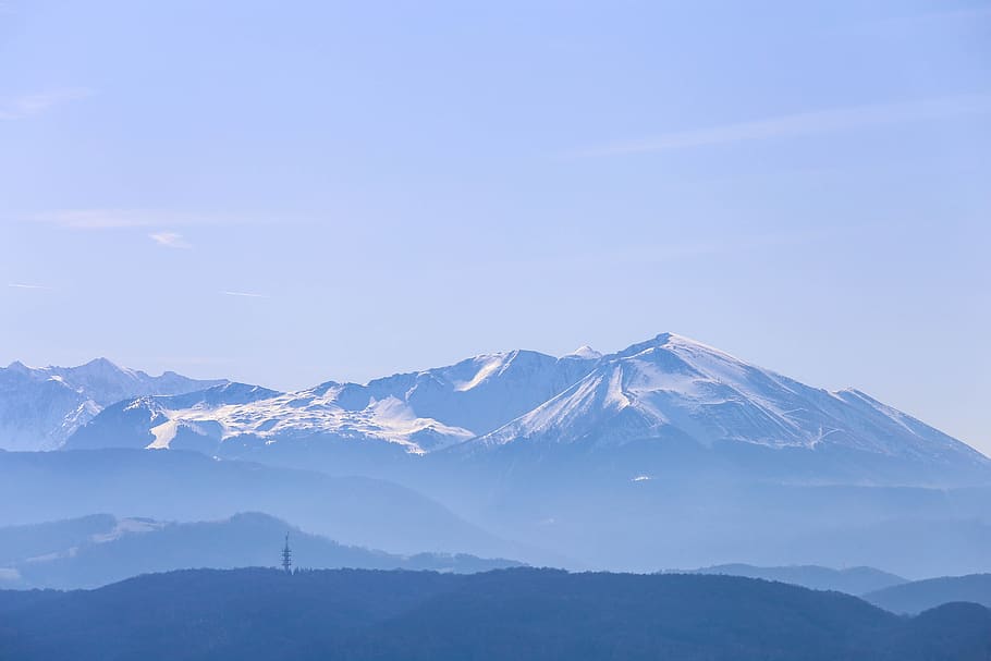 mountain, highland, blue, sky, summit, ridge, landscape, nature HD wallpaper