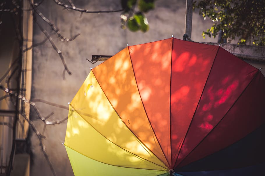 multi-colored umbrella hanged on pole, nature, no people, yellow HD wallpaper