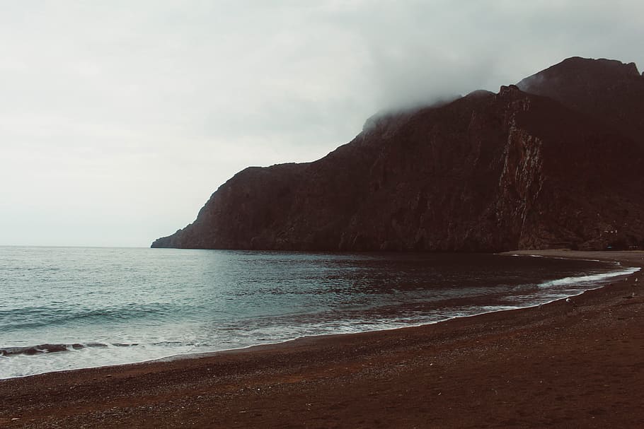 Mountain Near Seashore, beach, clouds, dawn, daylight, fog, foggy HD wallpaper