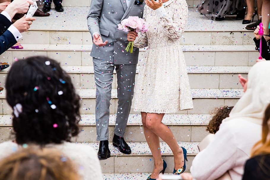 wedding, couple, marriage, ceremony, bride, husband, wife, confetti HD wallpaper