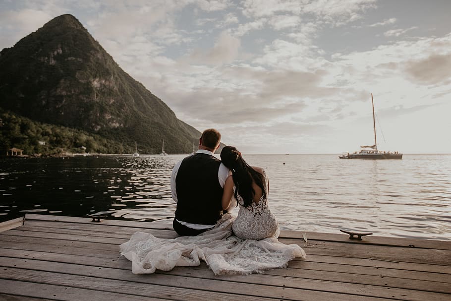 wedded couple sitting on dock, water, two people, real people HD wallpaper