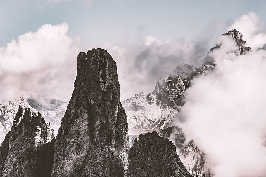 Wide Angle Photography of Mountain, adventure, cliff, climb, clouds HD wallpaper